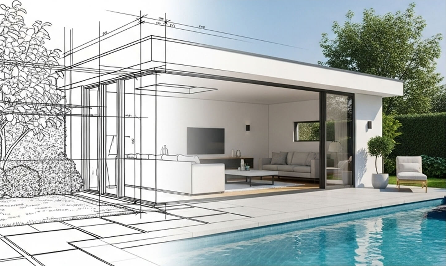 Modernes Gartenhaus-Design als Hintergrundbild