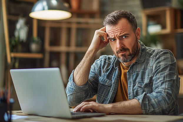 Eine frustrierte Person am Laptop – Sinnbild für den Kampf mit manuellen Angeboten.